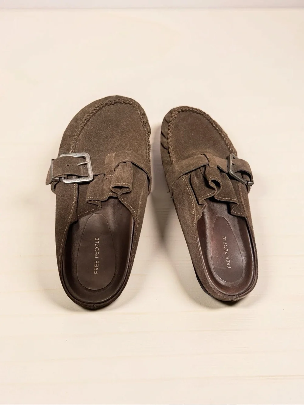 Free People Brown Suede Slip-On Loafers with Buckle & Fringe